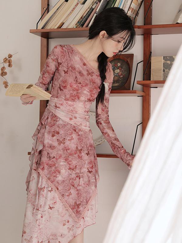 

French Romantic Style Asymmetrical Hem Slimming Dress Extra Large