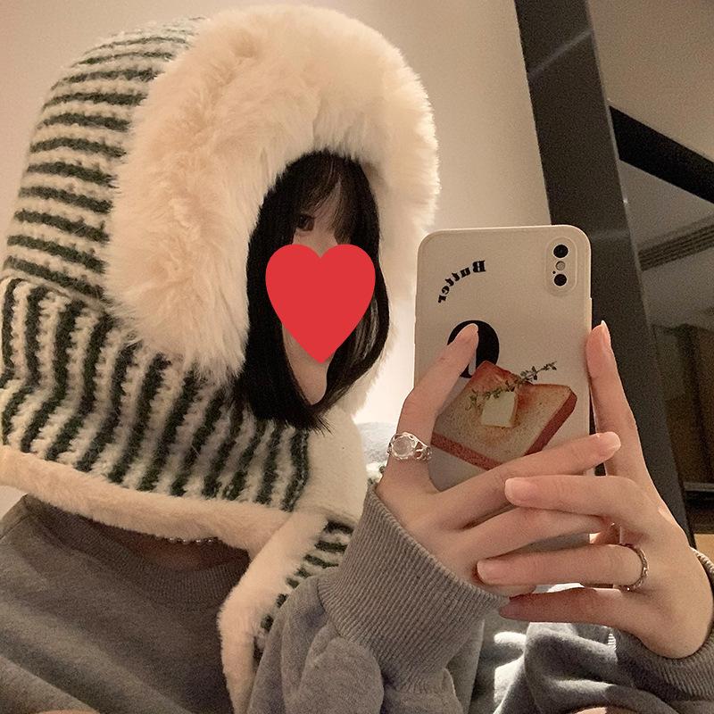 Striped plush hat scarf integrated female winter Korean version showing a small face cycling cold-proof knitted ear protector Lei Feng hat tide
