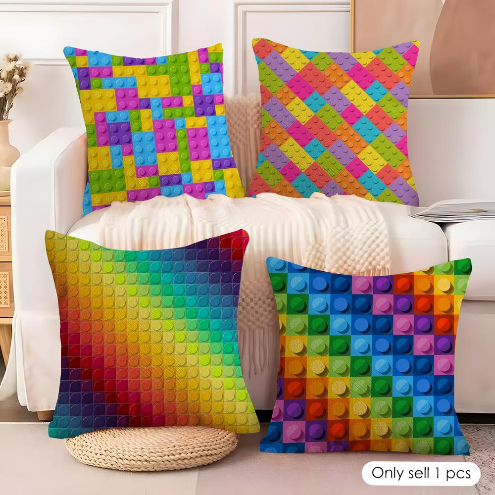 Colorful block Cushion Cover Natural Linen Organic Fabric DoubleSided Printing Couch Pillow Covers Home Decor Gift