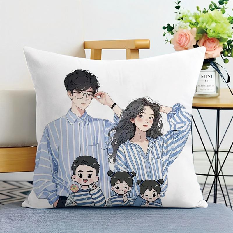 Happy Family Print Decorative Pillowcase Bedroom Living Room Square Cushion Pillowcase