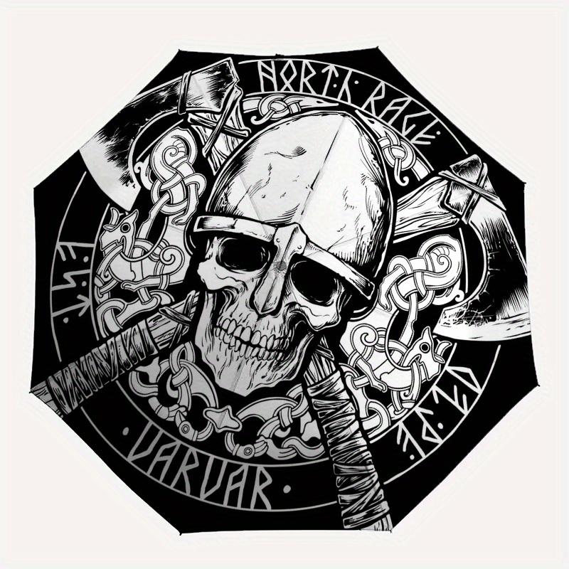 Viking Skull with Axes T-Shirt, Norse Rage Barbarian Tee Umbrella, Cute Umbrella with Cute Design, Portable 3-Fold Compact Umbrella for Men & Women, V