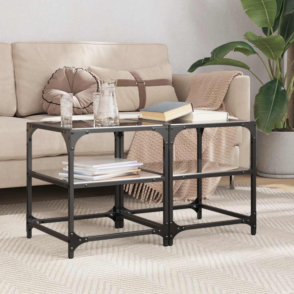 Coffee Tables with Glass Tops 2 pcs Black 40x40x45 cm Steel