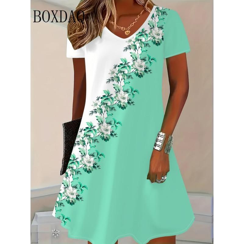 Striped Dresses Summer Elegant Women'S Clothing Fashion V-Neck Flower 3D Print Short Sleeve Dress New Plus Size Loose Dress