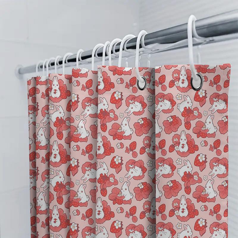 Cute Rabbit Pattern Shower Curtain Farmhouse Bathroom Decor Washable Fabric Liner Set Waterproof Modern Style
