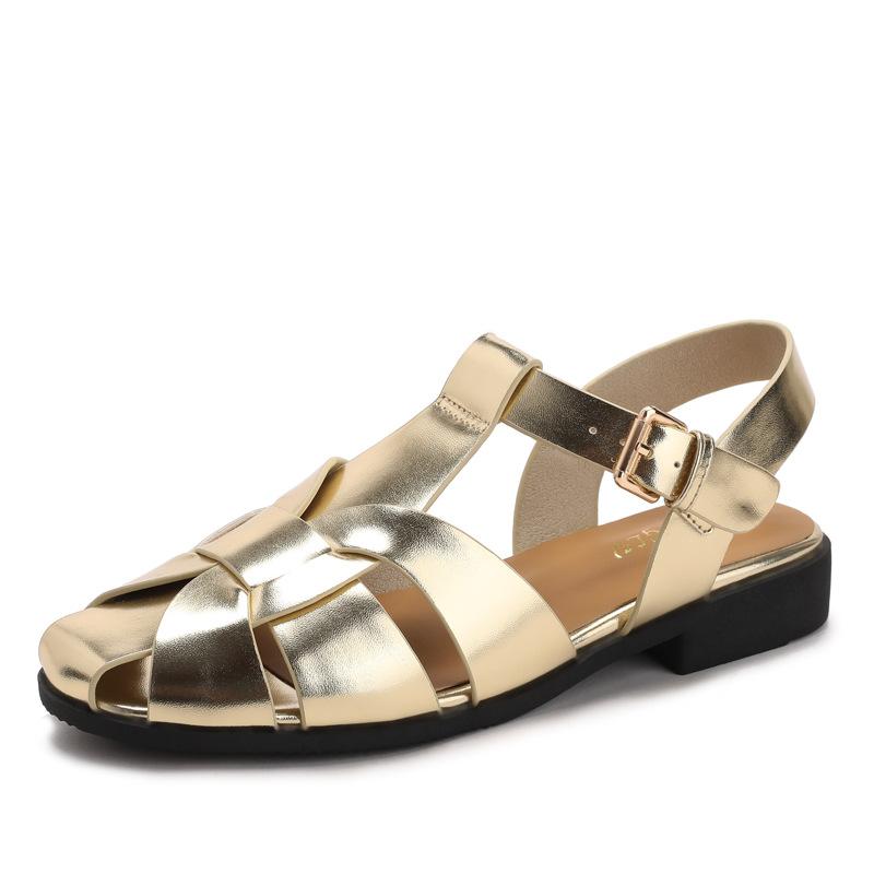 Gladiator Sandalen voor Dames Zomer Retro Geweven Gesloten Teen Platte Sandalen Comfort Gesp Riem Schoenen 37 beige