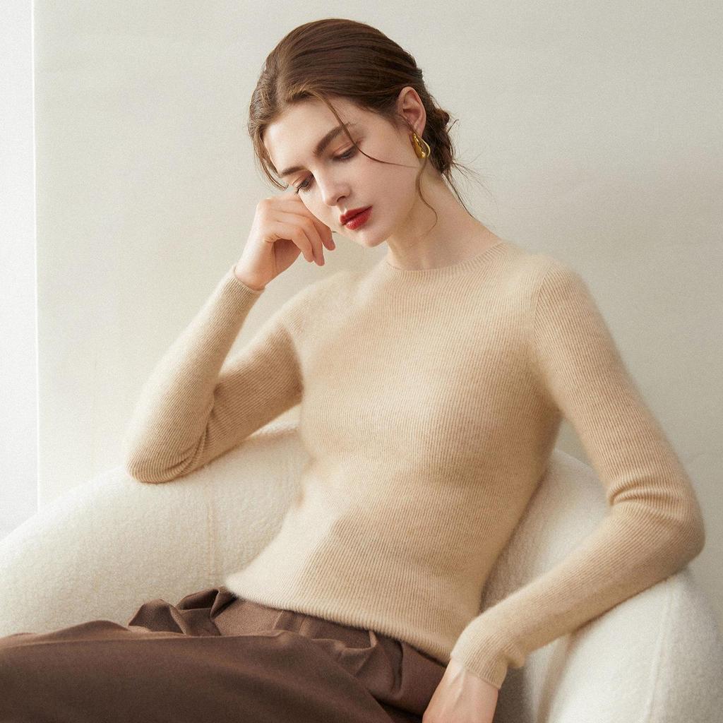 Elegant Women's Round Neck 100% Cashmere Slim Fit Sweater Dress
