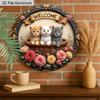 2D Flat Aluminum Welcome Sign Round Metal Sign with Cute, Rustic Farmhouse Spring Summer Porch Wall Hanging for Cat Lovers, Pre-Drilled Holes for