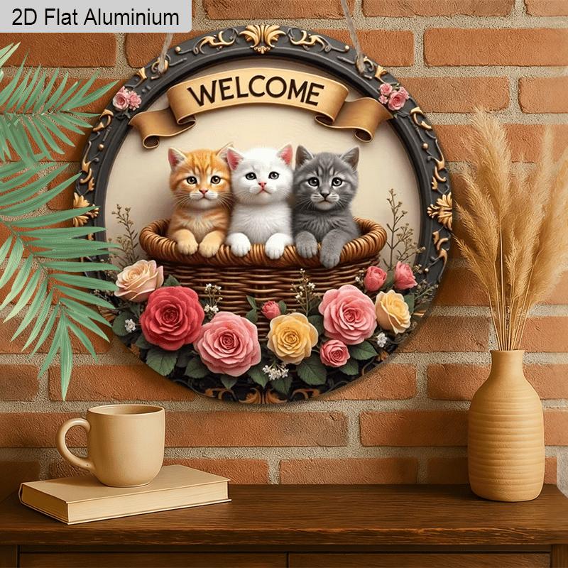 2D Flat Aluminum Welcome Sign Round Metal Sign with Cute, Rustic Farmhouse Spring Summer Porch Wall Hanging for Cat Lovers, Pre-Drilled Holes for