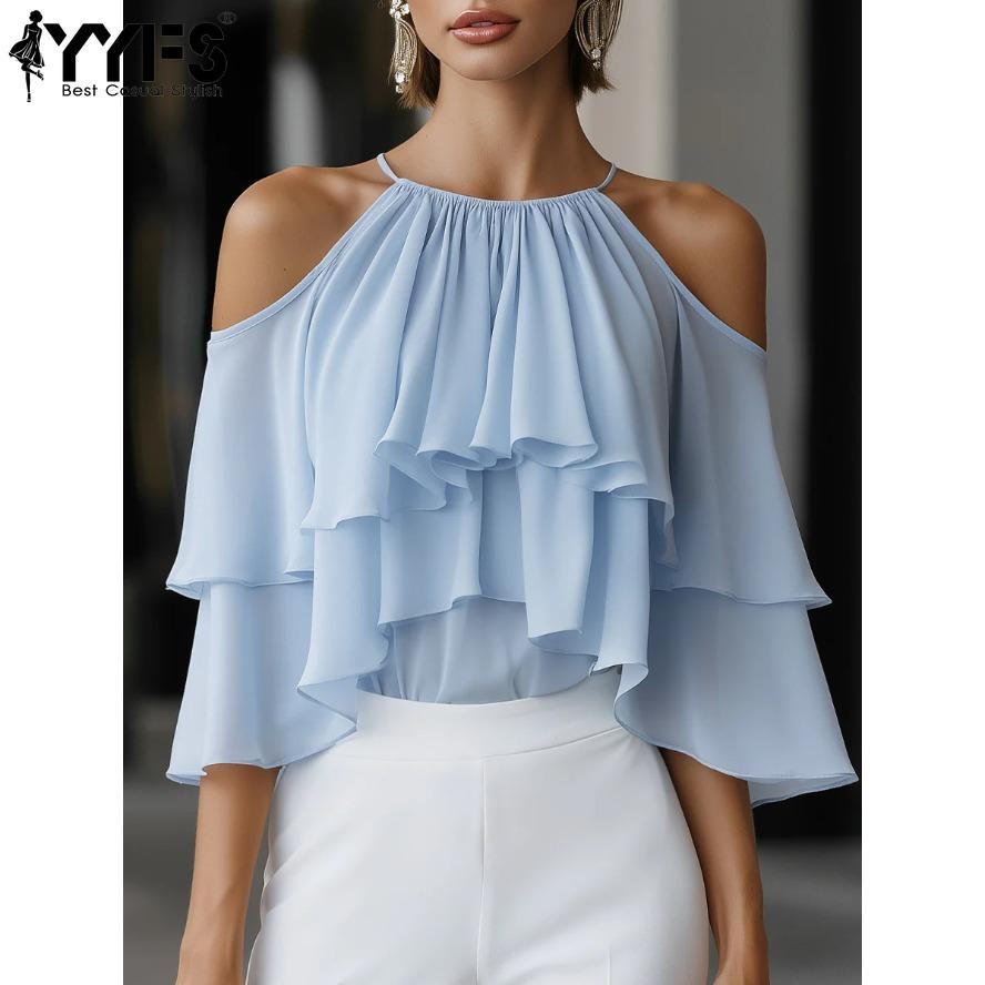 YYFS Mode Femme Casual Été Printemps Couleur Unie Impression Manches 3/4 Col Plongeant Chemisiers & Chemises