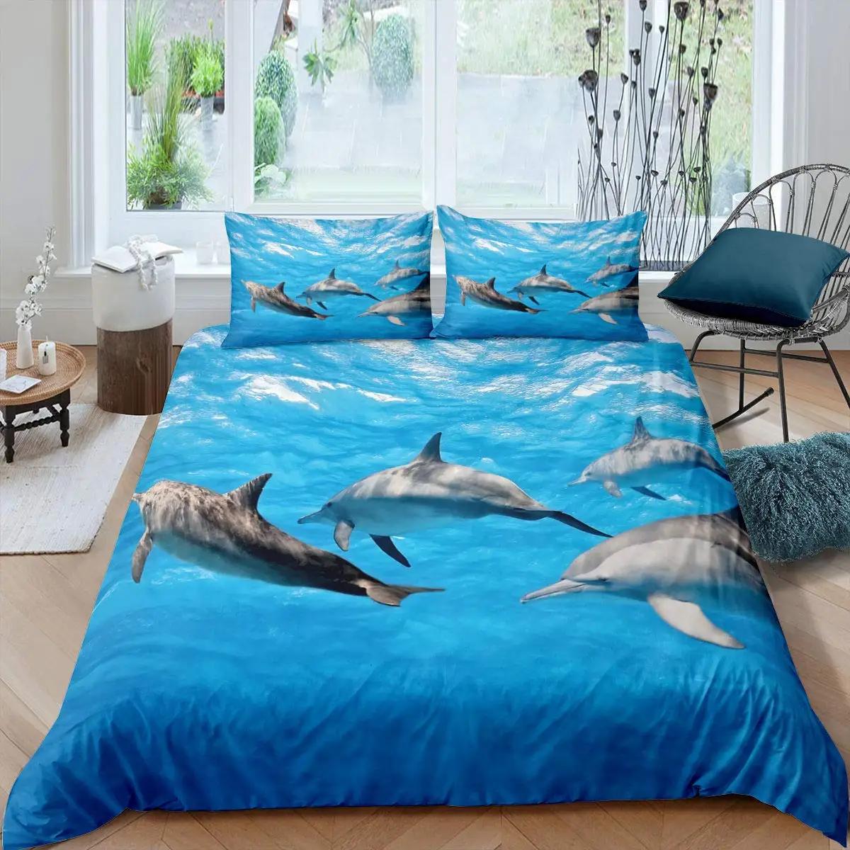 

3D дельфин в синем море Queen King Size комплекты постельного белья Animal Single Quilt Duvet Cover Set Детская кровать для взрослых Полиэстеровое постельное белье 140x210cm 2pcs