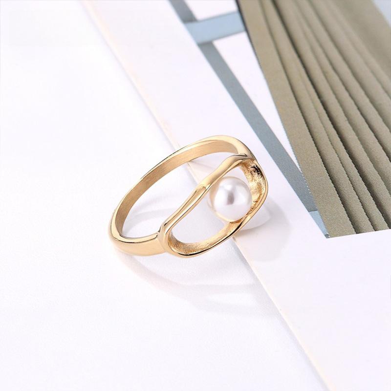 Hollow Freshwater Pearl Ring Women's Niche Design Stacked Ring, Titanium Steel Electroplating Fashion Jewelry