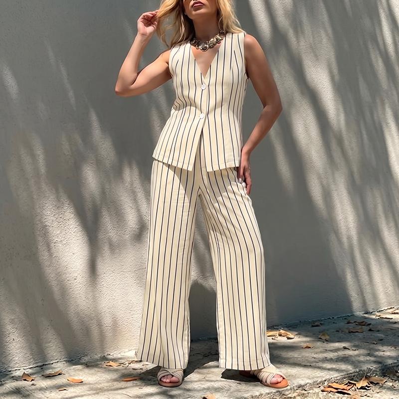 ZANZEA Women Sleeveless Vest Tops and Long Pants Casual Stripe Print Two Piece Sets