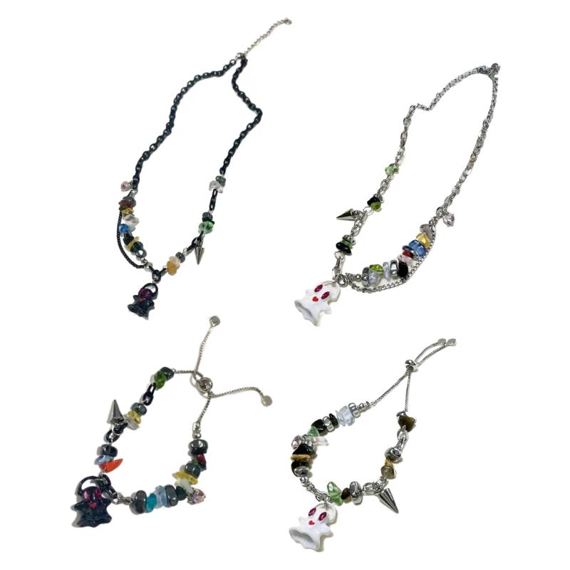 Adjustable Collarbone Chain Colorful Specter Pendant Necklace Stylish Beaded Bracelet Perfect for Fashion Enthusiasts