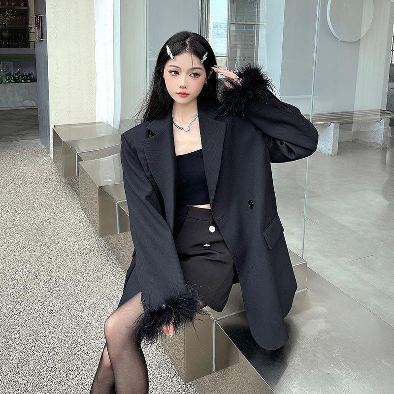 Premium Black Suit Jacket for Women, Sophisticated Long Loose Fit Blazer with Casual Style for Autumn