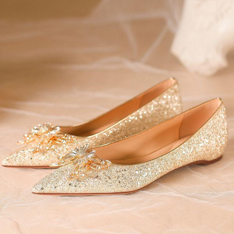 French Sequined Wedding Shoes Flat Single Shoes 2025 Not Tired Feet Pregnant Women High Sense Crystal Shoes Usually Low Heel Bridesmaid Shoes