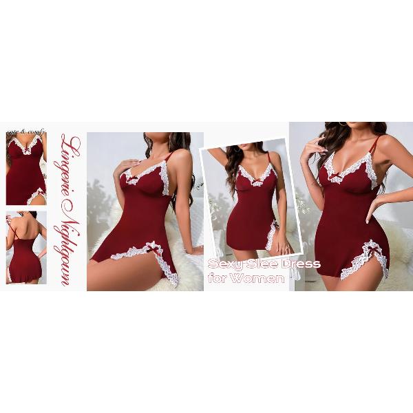 Women's Sexy Lace Nightgown V Neck Cami Sleep Dress Spaghetti Strap Slim Fit Short Slip Dress Side Slit Soft Stretch Nightwear