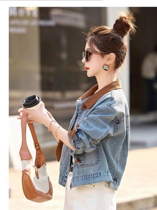 Retro Color Block Denim Patchwork Jacket - High-End Petite Style for Spring/Autumn 2026