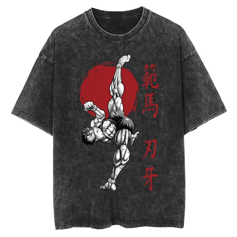 Baki Print Vintage Baumwoll-T-Shirt Herren Damen Sommer Lässig Übergroß Streetwear Fitnessstudio Workout Training Kurzarm Grafik-T-Shirt