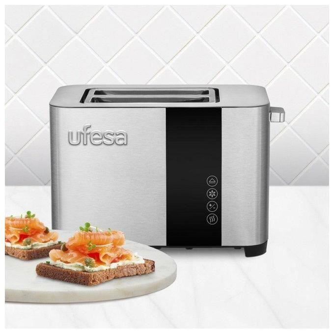 Ufesa Duo Delux, Grille-Pain Acier Inox, Écran Digital LCD, 850W, 2 Fentes Extra Large, 7 Niveaux de Grillage, Décongeler, Réchauffe