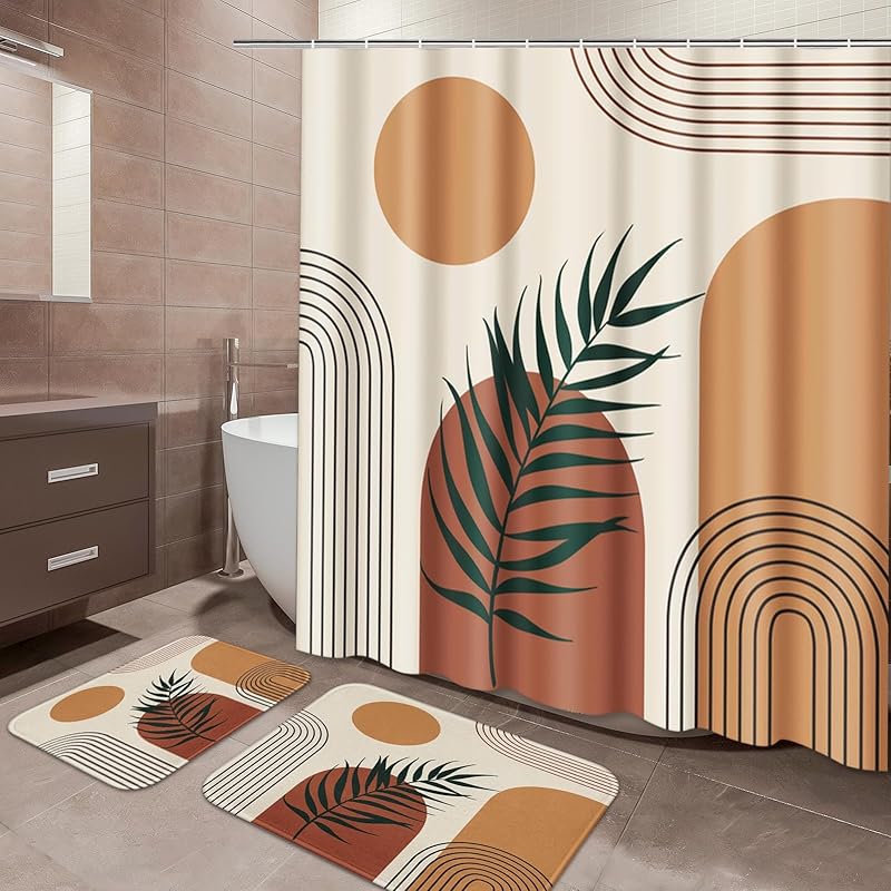 Red and Black Shower Curtain Set Geometric Bathroom Sets with Shower Curtain and Rugs, Grey and White Bathroom Shower Curtain Sets 3Pcs, Modern Red