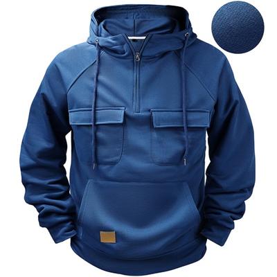 Fall Spring Men Hoodie Half Zipper Drawstring Long Sleeves Multi Pockets Pure Color Elastic Cuff Hem