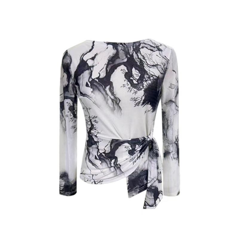 Middle Sleeve T-shirt for Women's Summer New Mesh Printed Top Irregular Fashionable Straps and Beautiful Small Shirt