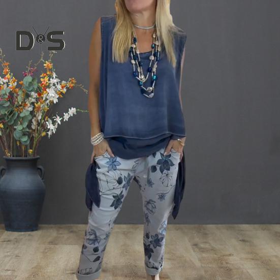 Dames 2-delt loungesett Ermeløs asymmetrisk kant tanktopp Blomsterprintede joggebukser Sett Casual løst antrekk for vår sommer