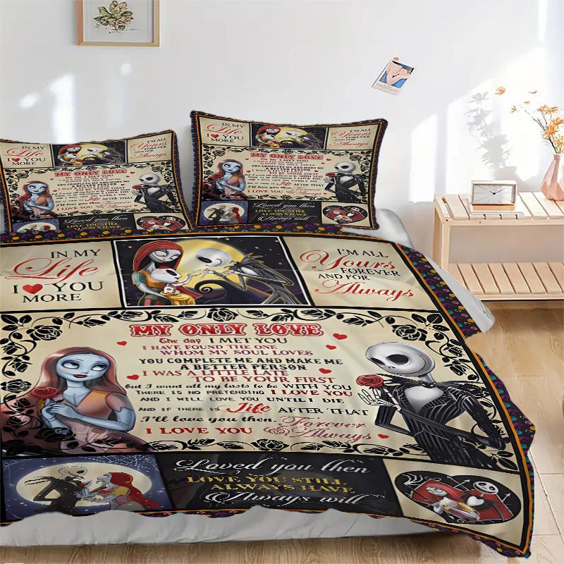 3pcs My Only Love Jack and Sally Printed Bedding Set, Soft and Comfortable Quilt Cover for Bedroom, Guest Room F067