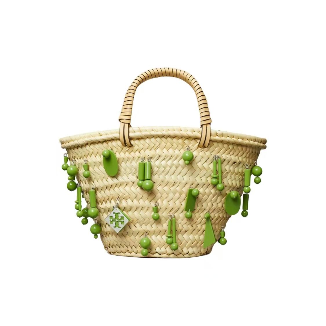 

Tory Burch Embroidered Resin Bead Trim Straw And Leather Tote Bag Small Women Handbags Wild-Leaf 154878-300 Basic Set (Bag+Dust Bag)