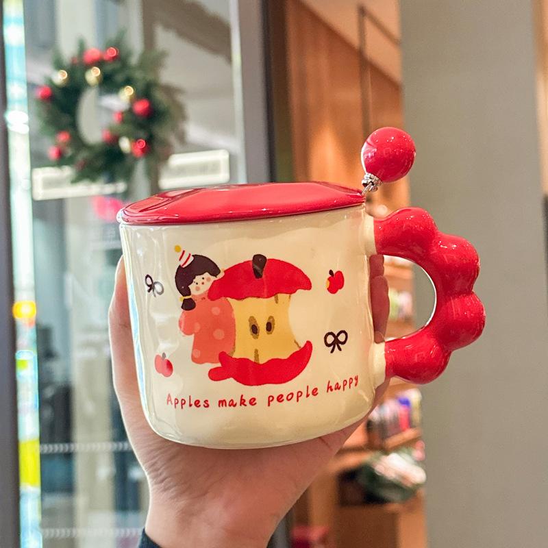 Girl Heart Apple Girl Cup Cute Ceramic Cup with Lid Spoon Girl Large Capacity Coffee Mug Souvenir