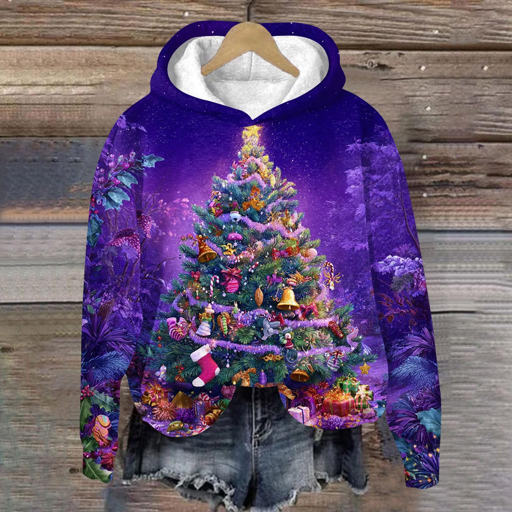 Women's Fashion Long Sleeve Christmas Print Loose Hooded Sweatshirt Top