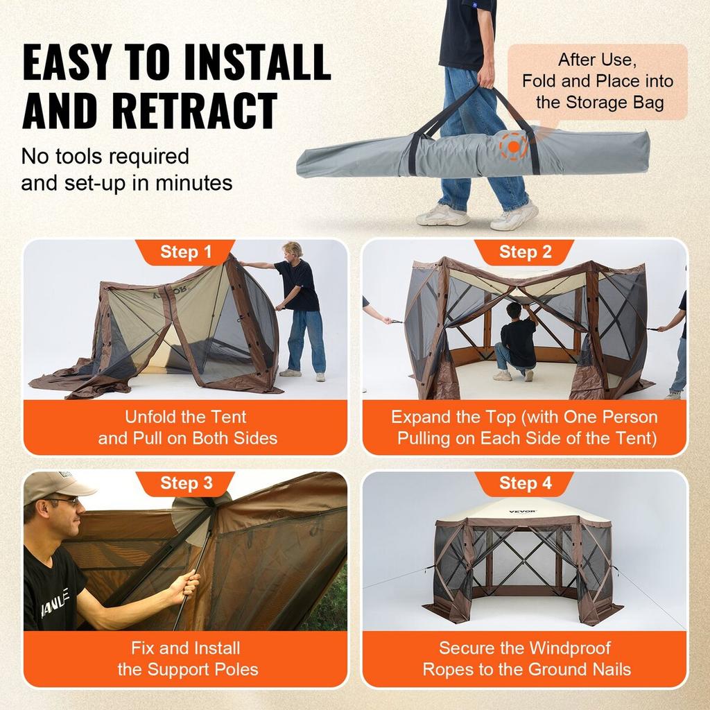 Pop Up Gazebo Tent Pop-Up Screen Tent 6 Sided Canopy Sun Shelter Brown