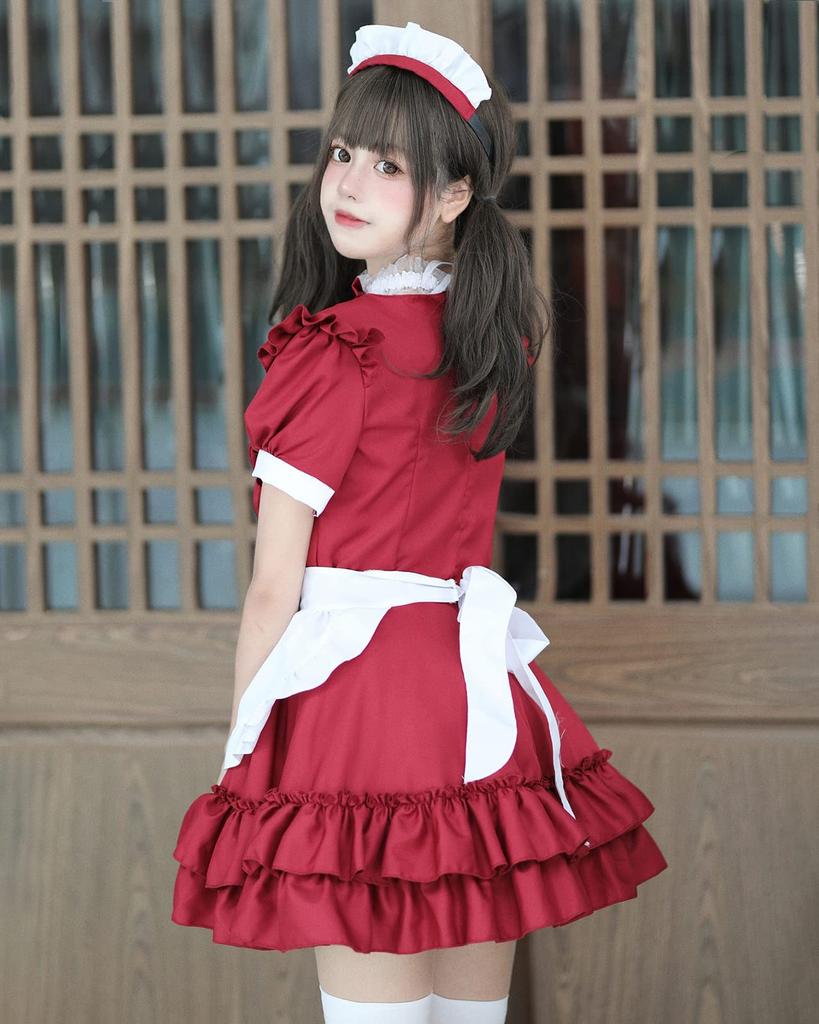 Milky Time Women's Lolita Maid Cosplay Dress, Short Sleeves, Ribbon, 4 Colors (Red)