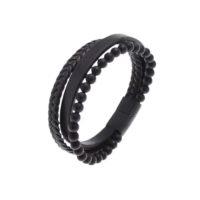 Punk Leather Wolf Head Bracelet Handwoven Beaded Bracelet Men'S Personality Cycle Chain Hand Jewelry