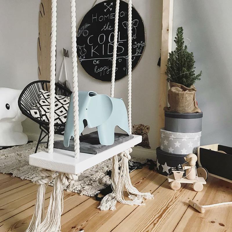 INS Style Kids Swing Chair: Solid Wood Seat with Cushion & Cotton Rope - Perfect for Bedroom Decoration & Baby Entertainment.