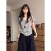 Women Gray Fake Two Piece Deep V Neck Loose Short Sleeve T Shirt