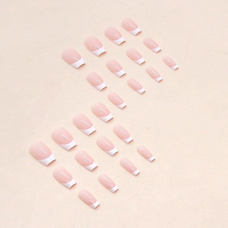 24pcs Short Coffin Shaped Simple Solid Color French Wearable False Nails French Tip Press On Nails Supplies