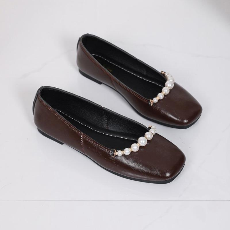 Women Square‑Toe Pearl Mary Jane Flats Soft Leather Ballet Shoes