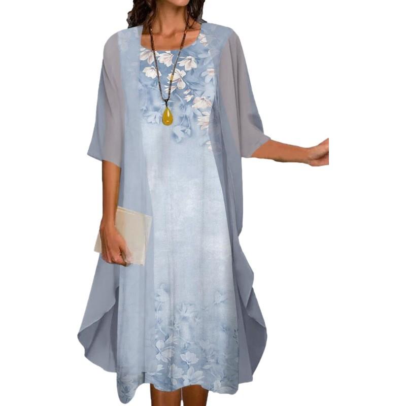 Women's Casual Floral Print Round Neck Slim Pocket Dress Long Skirt