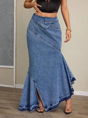 Fustă Midi din Denim Coadă de Pește Europeană și Americană X Spot-15869# - Lungă, Subțiatoare, Ridică șoldurile, Elegantă.