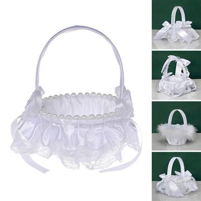 Party Home Decor Rhinestone Wedding Flower Basket Romantic White Flower Girl Basket Lace Pearl