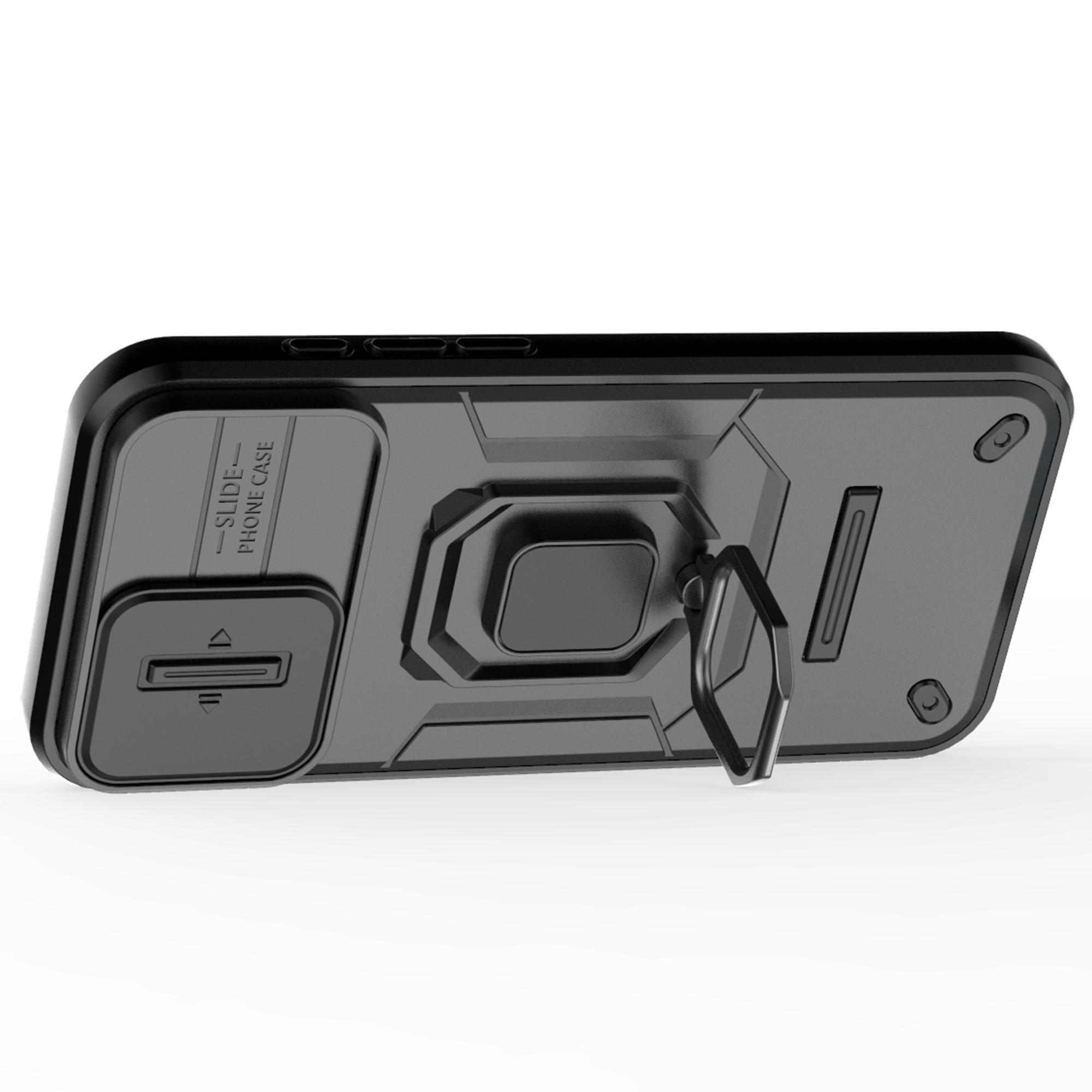 

For iPhone 16 Plus Case PC+TPU Camshield Phone Cover with Ring Holder Kickstand Black