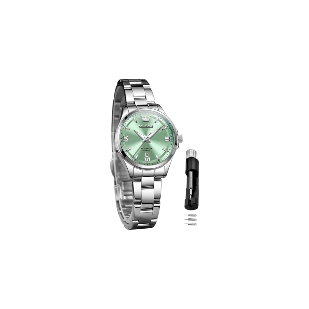 OLEVS Women s Quartz Watch Classic Dial Stainless Steel Band Luminous 30M Water Resistant Green