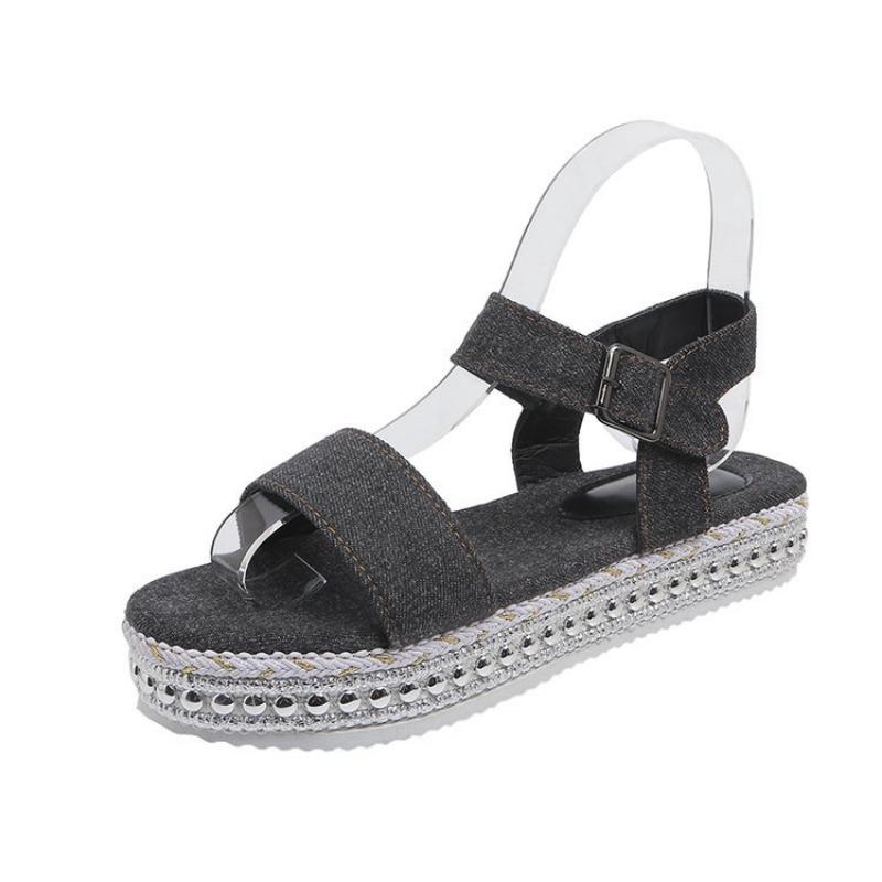 Mode 2025 Metallic-Sandalen Damen Damen Sommermode Denim Ein-Schnallen-Sandalen Offene Zehen Dicke Sohle Sandalen