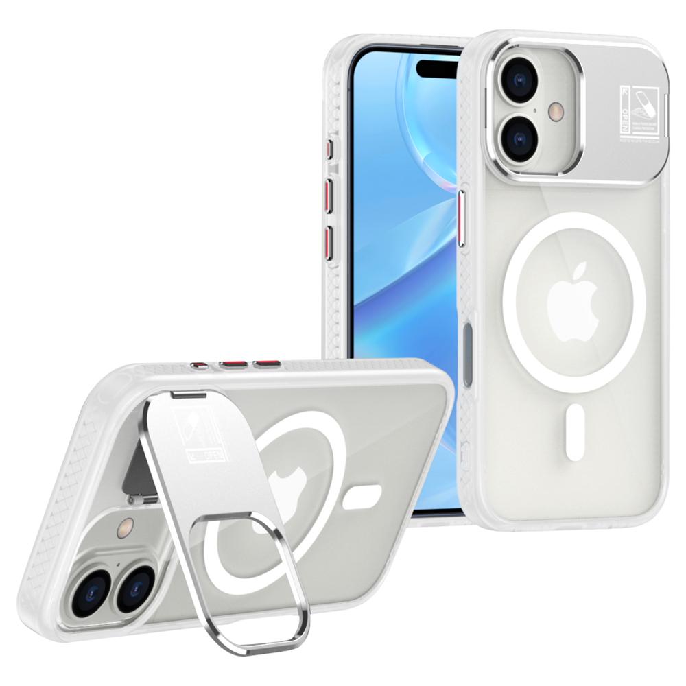 

For iPhone 16 Plus Magnetic Case TPU+Acrylic Kickstand Phone Cover with Glass Lens Film White