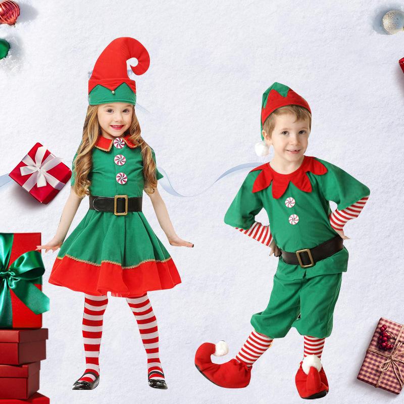 Girls Boys Christmas Santa Claus Costume Green Elf Cosplay Family Carnival Party Halloween Fancy Dress Clothes Set For Men Women