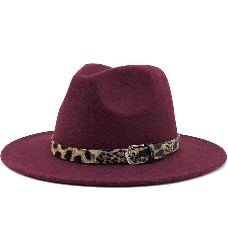Fashion leopard print belt woolen top hat ladies jazz hat autumn and winter versatile felt hat flat edge top hat church hat