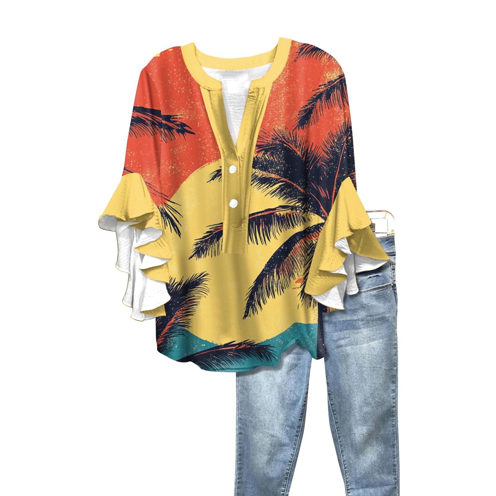 

Летние женские топы с V-образным вырезом и рукавом семь восьмых, весенне-летние топы с цветочным принтом, повседневная рубашка XL шафрановый