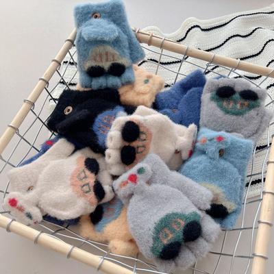 2-7 Jahre, Kinderhandschuhe, Herbst und Winter Jungen und Mädchen verdickt warm Klapp Fünf-Finger niedlich Schreiben Halbfinger Wollhandschuhe