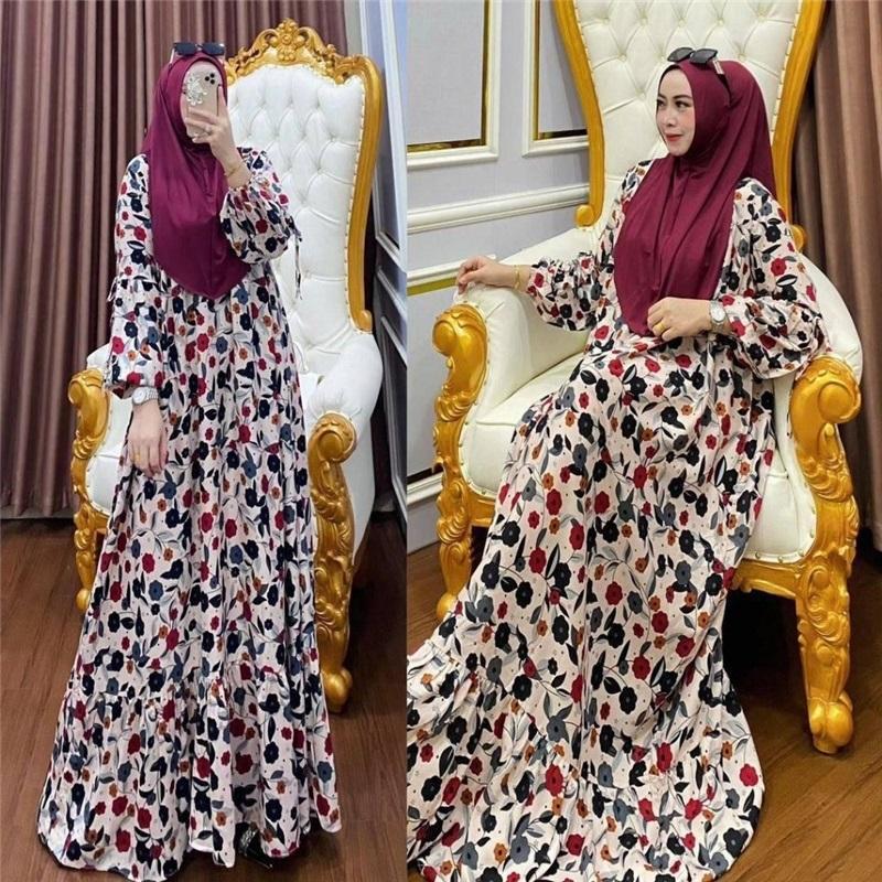 Muslim Floral Print Maxi Dress Women's Long Sleeve O-Neck Loose Abaya Casual Ramadan Kaftan For Middle East